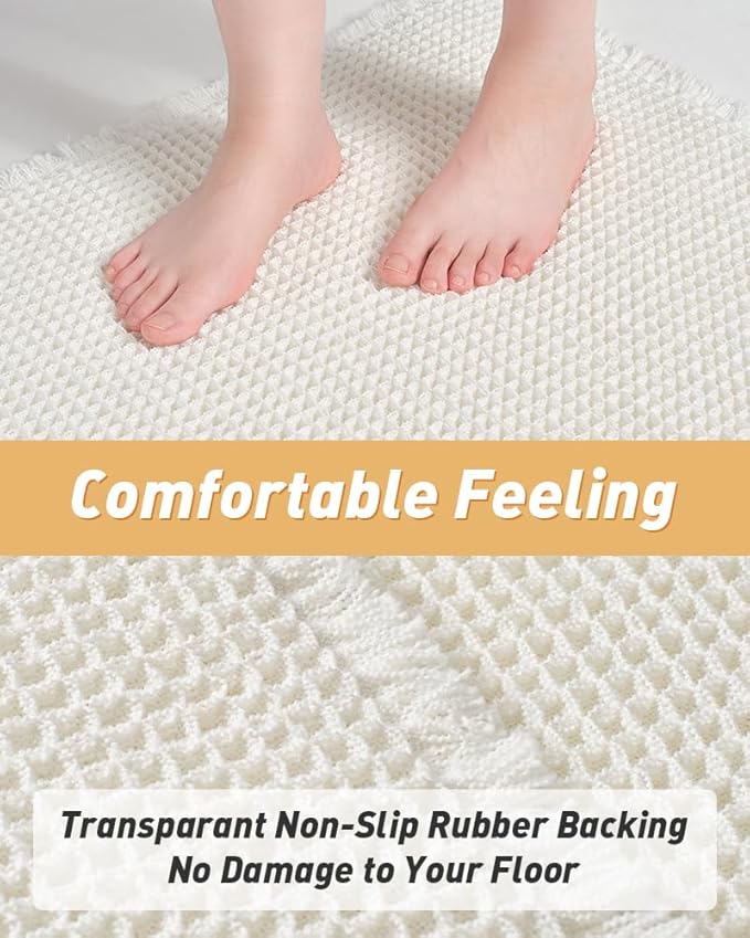 AMOAMI Waffle Runner Rug Super Absorbent Non Slip Bath Mats for Bathroom Floor, Machine Washable Boho Bathroom Runner Rug with Tassels, Ideal for Hallway Bedroom Laundry Room, 2' x 5'