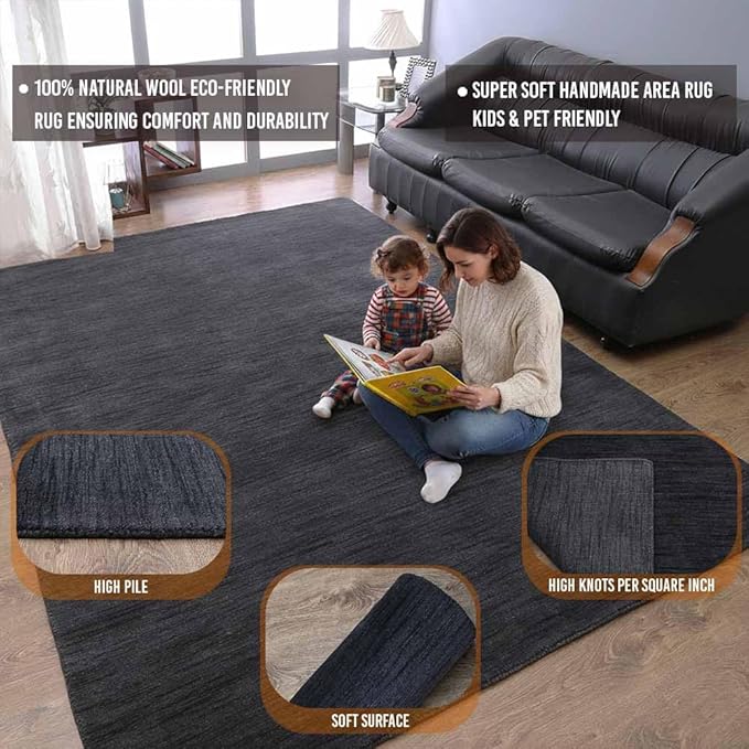 Hand Knotted Loom Wool ECO-Friendly Area Rugs - 4'x6', Rectangle, Charcoal Color, Solid Plain Design, High Pile Handmade Anti Skid Area Rugs for Living Room, Bed Room (L00111)