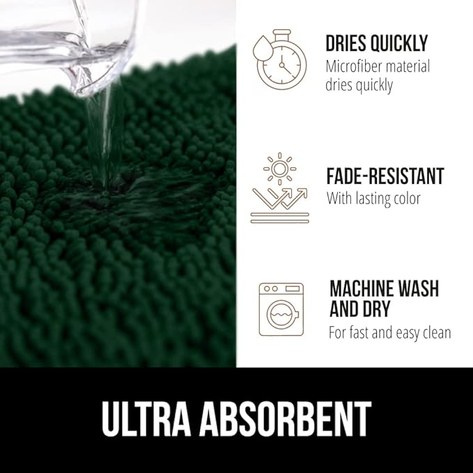 GORILLA GRIP Bath Rug Mat, Thick Soft Absorbent Chenille, Quick Dry Microfiber Mats, Rubber Backing Washable Shower Floor Rugs, US Designed Bathroom Bathmat Home Decor Accessories, 24x17, Hunter Green