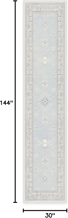 RUGGABLE Washable Vintage Runner Rug – Verena Soft Blue 2.5x12, Stain-Resistant, Non-Slip Hallway Runner – Machine Washable Rug for Hallway, Entryway, Living Room & Kitchen–with Standard Pad