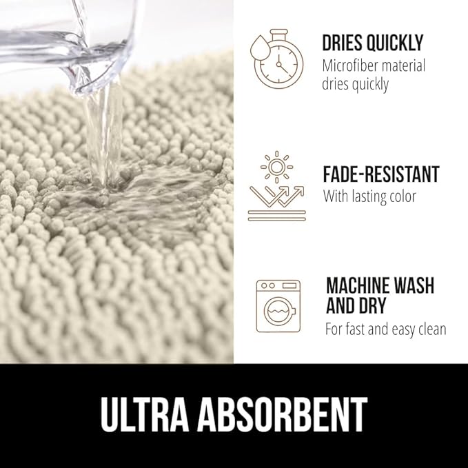 GORILLA GRIP Bath Rug Mat 48x24, Thick Absorbent Chenille, Quick Dry Microfiber Mats, Rubber Backing Washable Shower Floor Rugs, Bathmat Runner, US Designed Bathroom Home Decor Accessories Dusty Cloud