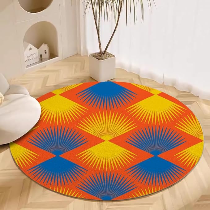 Vintage Blue Orange Round Rug Retro Pattern Print Area Rug Washable 7ft Circle Rugs for Living Room Bedroom Non Slip, Soft Indoor Floor Carpet for Kitchen Entryway Family Room