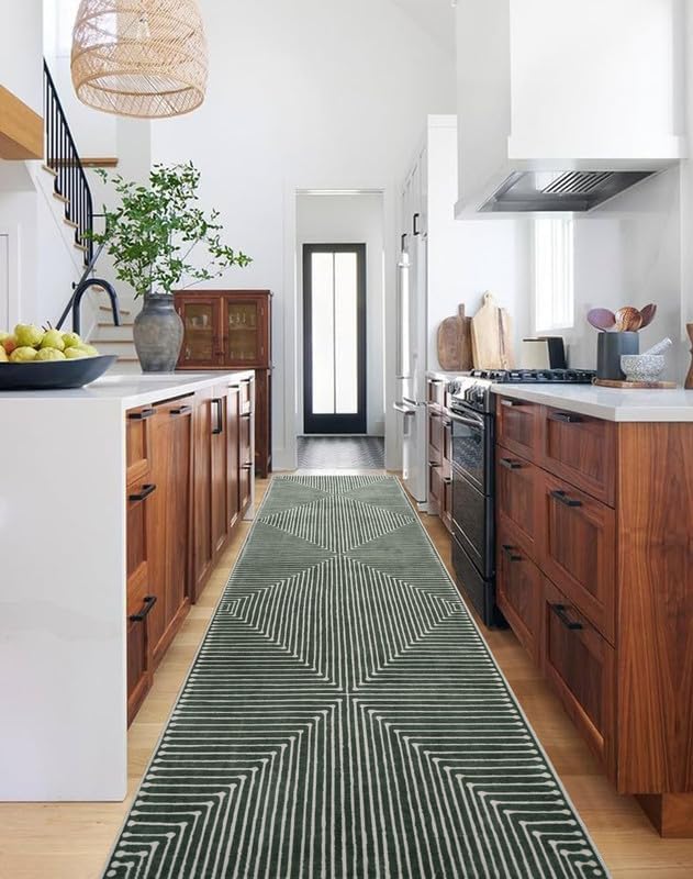 GLN Rugs Contemporary Collection - Machine Washable Area Rug, Contemporary Washable, Non Slip, Low Pile Chenille Rug, Living Room, Bedroom, Kitchen Rug (2'6" x 7' Beige Green)