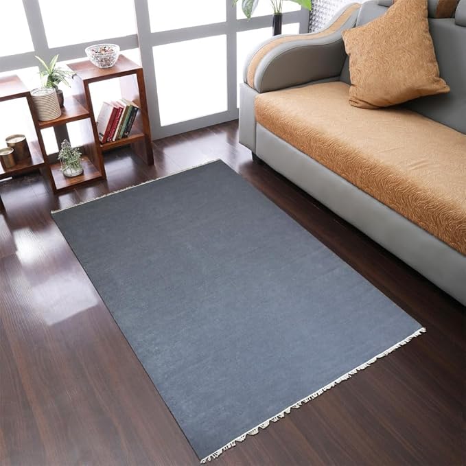 Rugsotic Carpets Hand Woven Flat Weave Kilim Wool ECO-Friendly Area Rugs - 5'x8', Rectangle Shape, Light Charcoal Color, Solid Plain Design, Low Pile Handmade Rugs for Living Room (D00111)