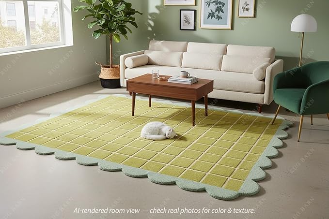 Checkered Wool Area Rug with Scalloped Border, Chartreuse Green & Cream Grid, Hand-Tufted, Soft Cut Pile, Modern Cottagecore Living Room, Bedroom & Nursery Carpet - 3x6 Ft