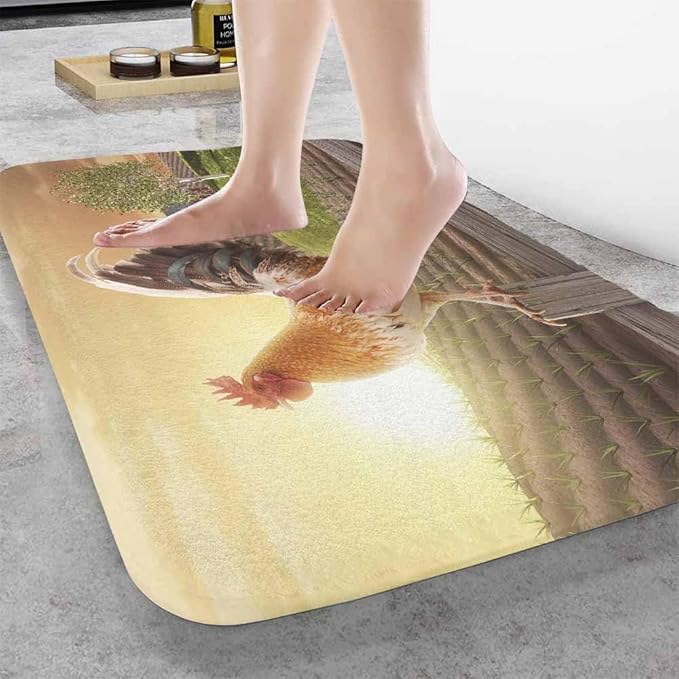 Rooster Bath Rugs for Bathroom Sunrise Rooster Hen Farm Fence Durable Flannel Bath Rug Clearance Mats for Forlaundry Room and Kitchen Decor Carpt Washable 20 X 32 Inch Mat