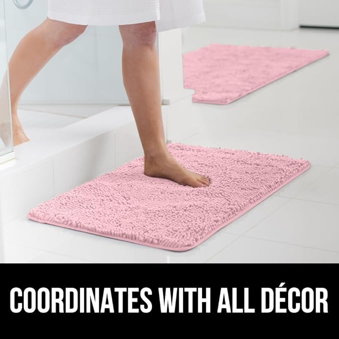 GORILLA GRIP Bath Rug Mat 36x24, Soft Absorbent Chenille, Quick Dry Microfiber Mats, Rubber Backing Washable Shower Floor Rugs, Bathmat Runner, US Designed Bathroom Home Decor Accessories Light Pink