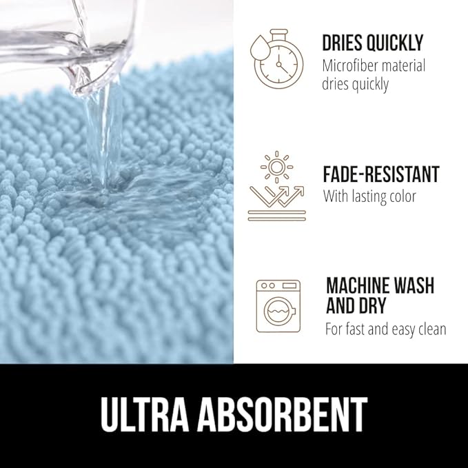 GORILLA GRIP Bath Rug Mat 44x26, Thick Soft Absorbent Chenille, Quick Dry Microfiber Mats, Rubber Backing Washable Shower Floor Rugs, Bathmat Runner, US Designed Bathroom Home Decor Accessories Sky