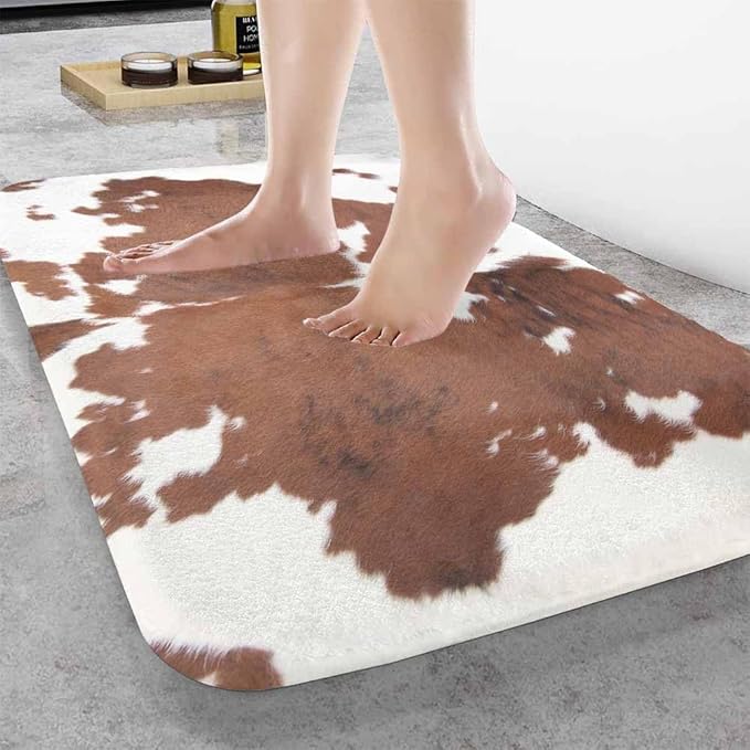 Cowhide Bathroom Mat Rugs Farm Animal Brown Cowhide Print Cow Microfiber Faux Cashmere Thick Plush Bath Mat Non-Slip Water Absorbent Bath Carpet for Bathtub Bathroom Floor Tub 16X24 Inch