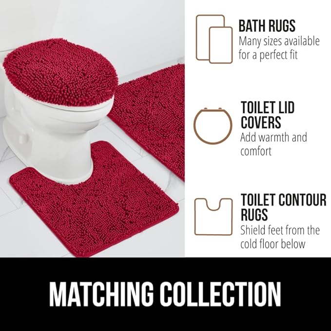GORILLA GRIP Plush Absorbent Shaggy Chenille Bath Rug Mat for Oval Toilet Base with Rubber Backing, Machine Washable Rugs, Soft Microfiber Contour Mats for Toilets, Bathroom Decor, Red