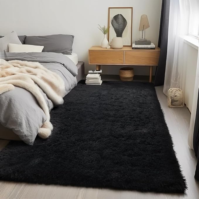 Zentavio Black Area Rugs for Living Room Bedroom 4x6 Men Room Carpet Fluffy Furry Shag Aesthetic Plush High Pile Floor Rug for Nursery Kids Room Dorm Home Decor