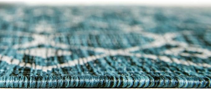 Unique Loom Outdoor Trellis Collection Area Rug - Tribal Trellis (5' 3" x 8' Oval, Teal/ Ivory)