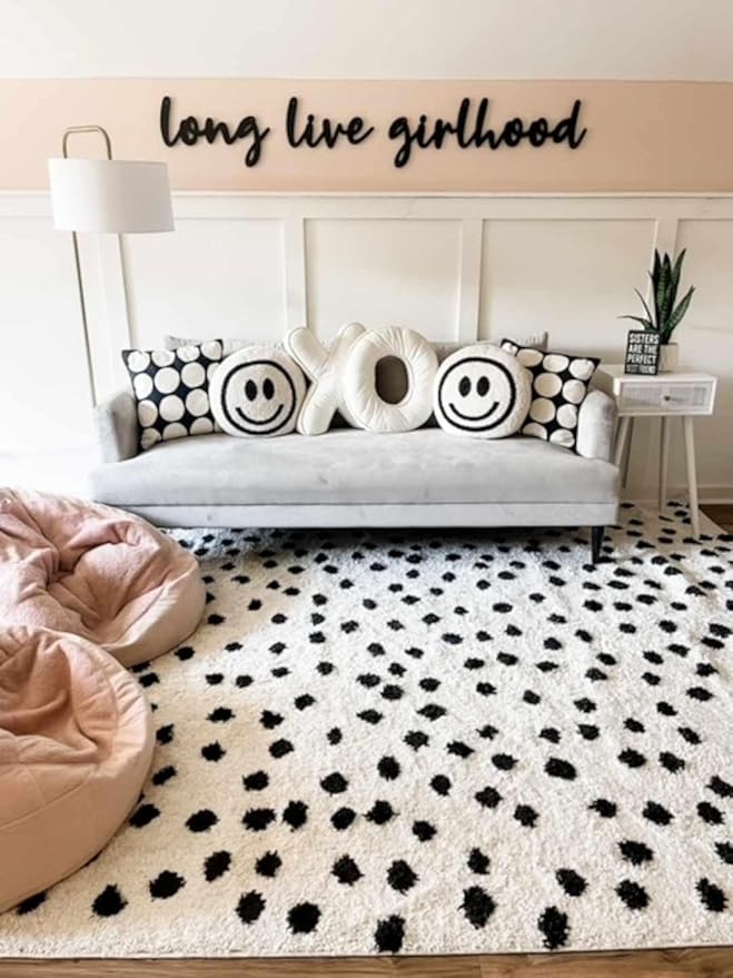 Hauteloom Tilos Dalmatian Small Shag Area Rug Door Mat - Shaggy Carpet - Dot Pattern - High Plush Pile - Black, White - 2' x 3'