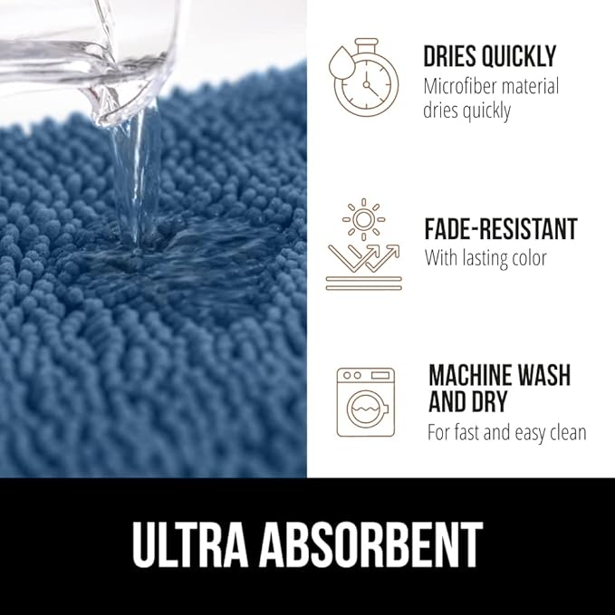 GORILLA GRIP Bath Rug Mat 60x17, Thick Soft Absorbent Chenille, Quick Dry Microfiber Mats, Rubber Backing Washable Shower Floor Rugs, Bathmat Runner, US Designed Bathroom Home Decor Accessories Blue