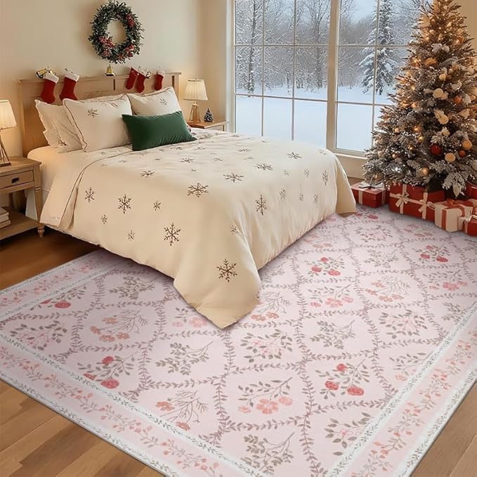 YIHOUSE 6x9 Washable Rug for Bedroom, Pink Floral Rugs for Living Room Non Slip Ultra-Thin Large Boho Rug for Kids Playroom, Classroom, Girls Dorm, Nursery, Pink Multi