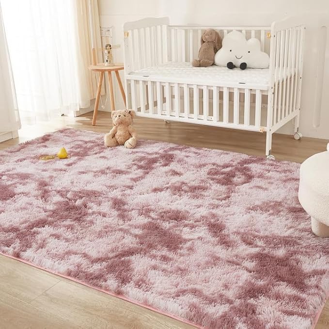 Andency Soft Area Rugs for Living Room Bedroom, 3x5 Non-Slip Fluffy Shag Carpet, Indoor Floor Fuzzy Shaggy Living Room Plush Rug for Kids Dorm Nursery Home Decor Aesthetic, Tie-Dyed Dusty Pink