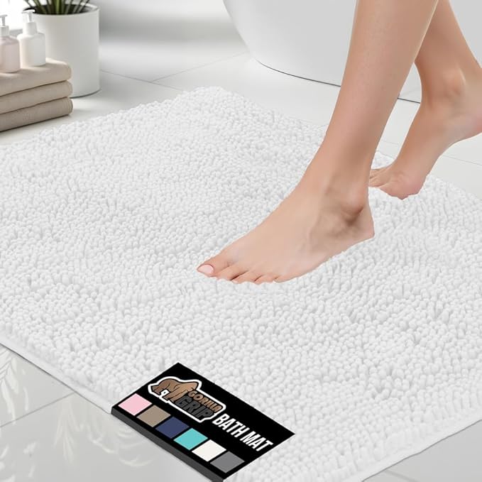 GORILLA GRIP Bath Rug Mat 48x24, Thick Soft Absorbent Chenille, Quick Dry Microfiber Mats, Rubber Backing Washable Shower Floor Rugs, Bathmat Runner, US Designed Bathroom Home Decor Accessories White
