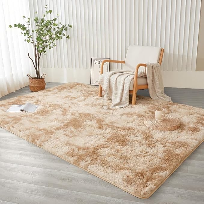 Andency 8x10 Area Rugs for Living Room, Non-Slip Fluffy Soft Large Shag Bedroom Carpet, Tie-Dyed Beige Big Indoor Thick Nursery Rug for Kids Dorm Home Decor Aesthetic