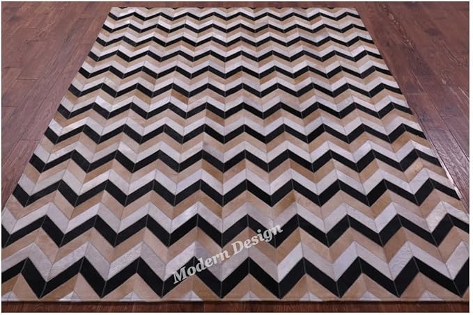 Modern Design Premium Cowhide Leather Carpet with Chevron Pattern, Area Rug (Beige/Black/Grey/Ivory, 9x12)