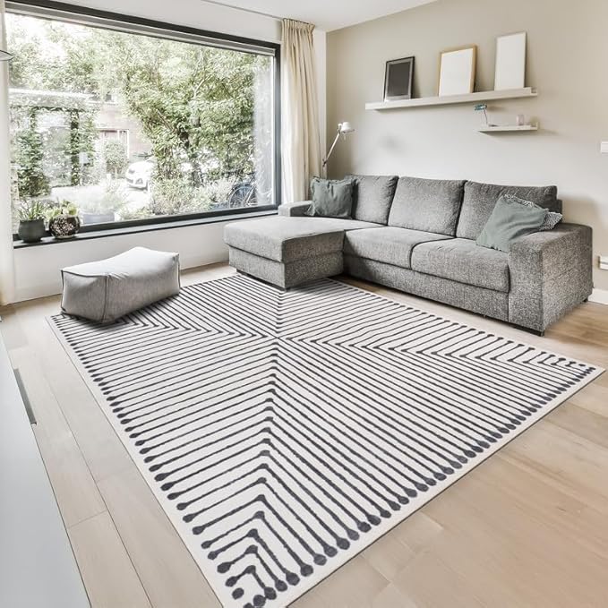 GLN Rugs Contemporary Collection - Machine Washable Area Rug, Contemporary Washable, Non Slip, Low Pile Chenille Rug, Living Room, Bedroom, Kitchen Rug (8' x 10' Black Beige)