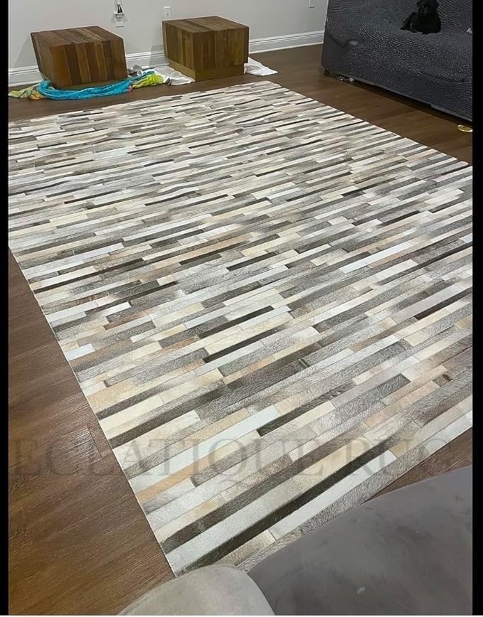 Cowhide Leather Rug for Living Room 9x12, Modern Stripes Style Floor Carpet, Washable Dark Grey Area Rug for Home Decor