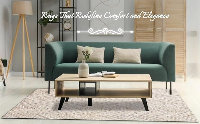 Elegant Rectangular Rug Cowhide Leather Stylish Luxury Non Slip Chevron Patchwork Area Rug for Living Room and Home Décor Floor Carpet (Beige-6 x 9 ft)