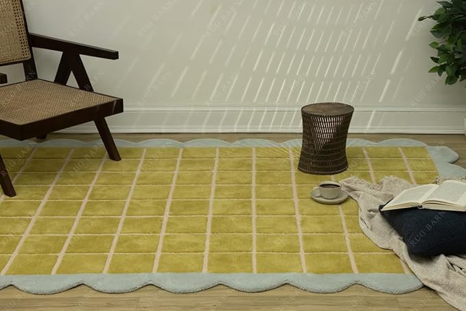 Checkered Wool Area Rug with Scalloped Border, Chartreuse Green & Cream Grid, Hand-Tufted, Soft Cut Pile, Modern Cottagecore Living Room, Bedroom & Nursery Carpet - 9x12 Ft