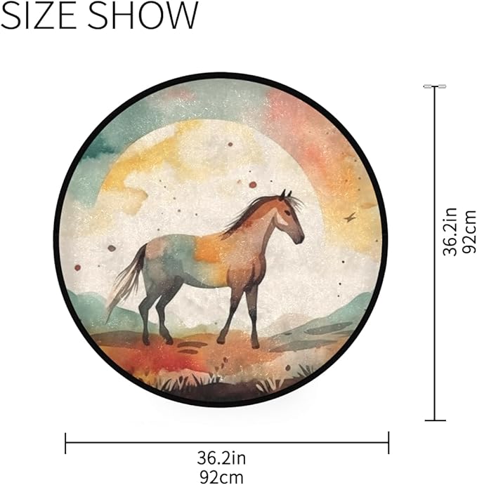 Round Washable Non-Slip Rug for Home & Office Soft Carpet for Living Room, Bedroom & Entryway Indoor/Outdoor Horse Watercolor Design Perfect for Dining Room Rubber Backed & Easy to Clean.