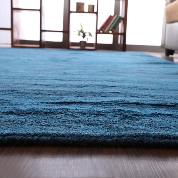 Hand Knotted Loom Wool ECO-Friendly Area Rugs - 6'7''x9'10'', Rectangle, Blue Color, Solid Plain Design, High Pile Thick Handmade Anti Skid Rugs for Living Room (L00111)