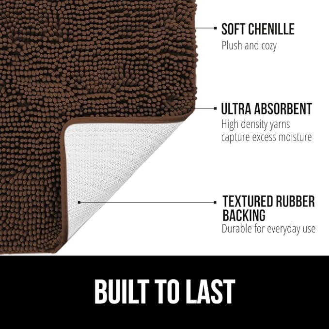 GORILLA GRIP Bath Rug Mat 48x17, Thick Soft Absorbent Chenille, Quick Dry Microfiber Mats, Rubber Backing Washable Shower Floor Rugs, Bathmat Runner, US Designed Bathroom Home Decor Accessories Brown