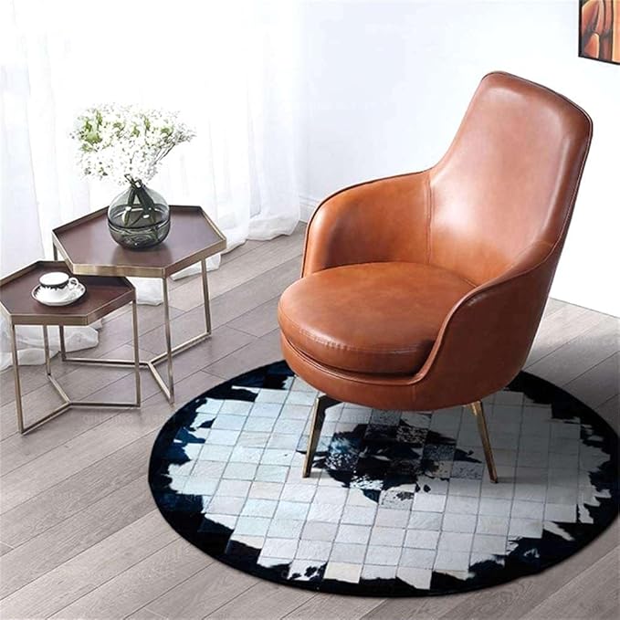 Round Black & White Cowhide Leather Area Rug – Modern Geometric Circle Carpet for Bedroom, Living Room, Dining, or Office – Soft, Non-Slip, Washable Accent Floor Rug | 8x8 ft
