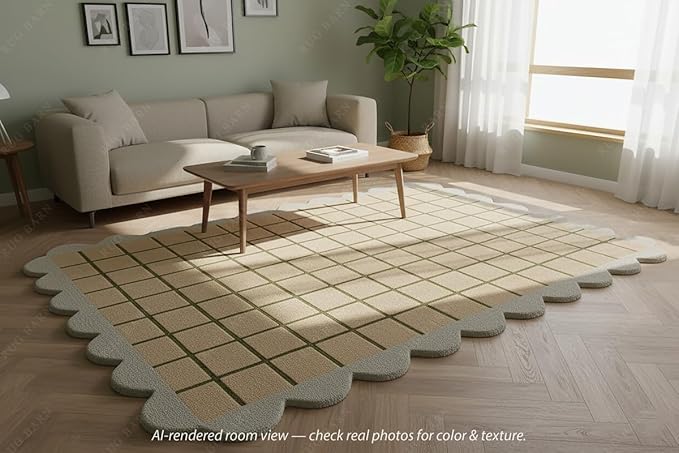 Scalloped Border Wool Area Rug with Windowpane Grid, Hand-Tufted, Beige-Blush with Sage Lines & Light Purple Edge - Soft High-Low Pile for Living Room, Bedroom, Nursery - 3x6 Ft