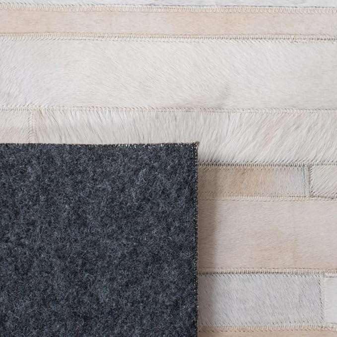 Premium Cowhide Leather Striped Area Rug, 6x9 ft, Beige, Contemporary Style, Hand-tufted, Indoor Use, Dining Room, 17.6 lbs