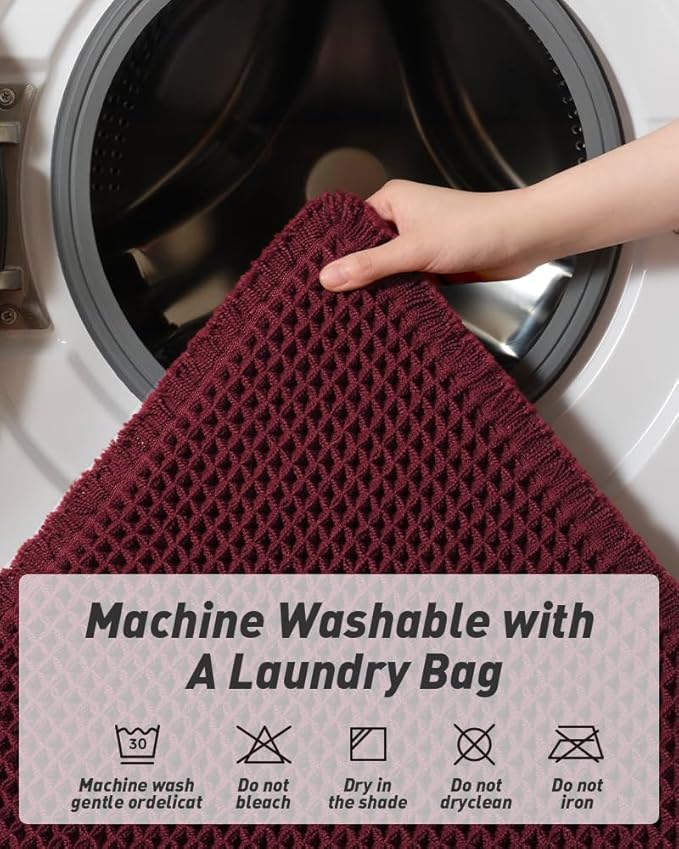 Upgraded Christmas Waffle Bath Mat, Super Absorbent Non Slip Bath Mats for Bathroom Floor, Machine Washable Bathroom Rugs with Tassels, Rubber Backed Bathroom Mats, Ultra Soft, 18" x 30", Burgundy