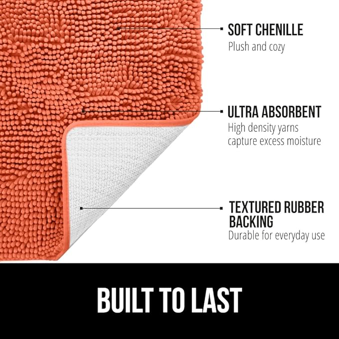GORILLA GRIP Bath Rug Mat 30x20, Thick Soft Absorbent Chenille, Quick Dry Microfiber Mats, Rubber Backing Washable Shower Floor Rugs, US Designed Bathroom Bathmat Home Decor Accessories, Coral