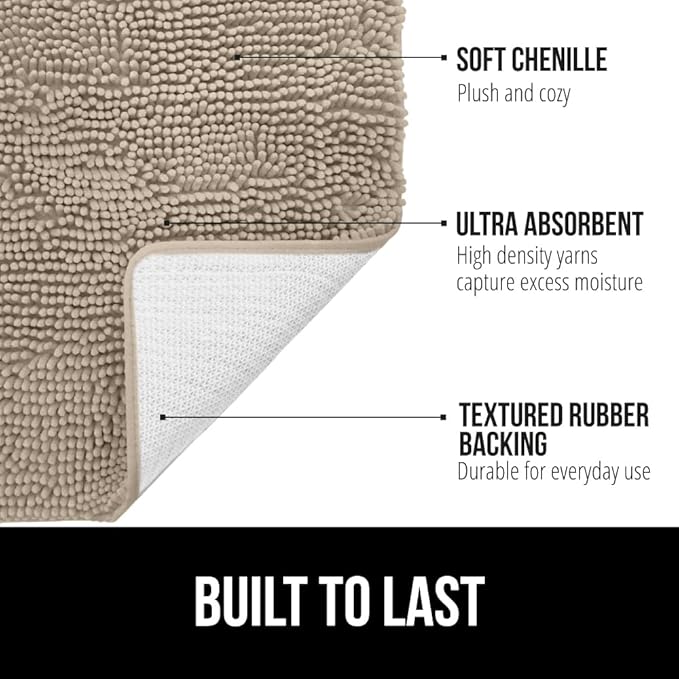 GORILLA GRIP Bath Rug Mat 42x24, Thick Absorbent Chenille, Quick Dry Microfiber Mats, Rubber Backing Washable Shower Floor Rugs, Bathmat Runner, US Designed Bathroom Home Decor Accessories Gray Beige