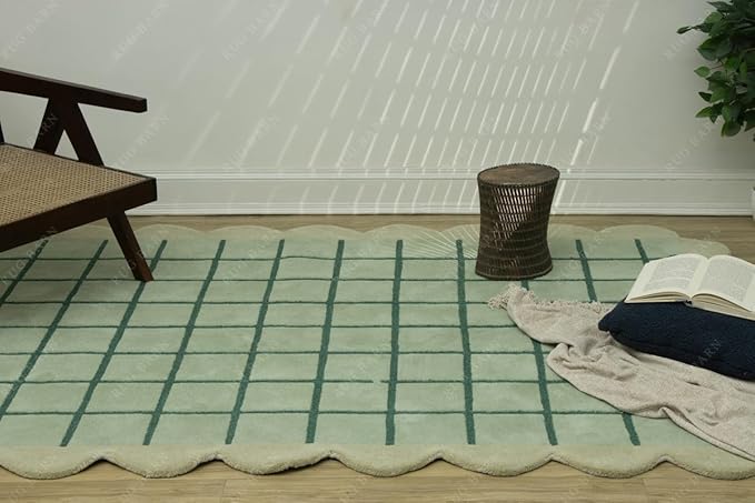Mint Green Scalloped Edge Wool Area Rug with Checker Grid Design, Hand-Tufted Soft Carpet for Living Room, Bedroom, Nursery, Kids & Playroom Décor - 4x6 Ft