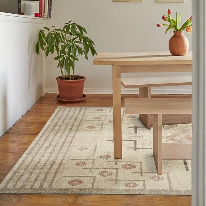 Revival Rugs Funk 5'x8' Zero-Shedding Area Rug for Living Room Bedroom - Oeko-TEX Certified, Low Pile, Spot Clean, Beige, Cream