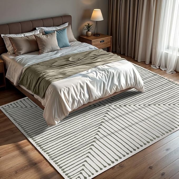 GLN Rugs Contemporary Collection - Machine Washable Area Rug, Contemporary Washable, Non Slip, Low Pile Chenille Rug, Living Room, Bedroom, Kitchen Rug (4' x 6' Green Beige)