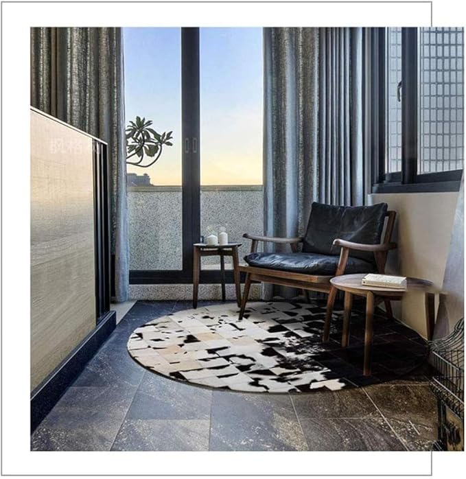 Cowhide Round Leather Rug 7x7 ft – Genuine Hair-On Hide Patchwork Area Rug for Living Room, Bedroom, Kids Playroom, Lounge & Western Home Decor