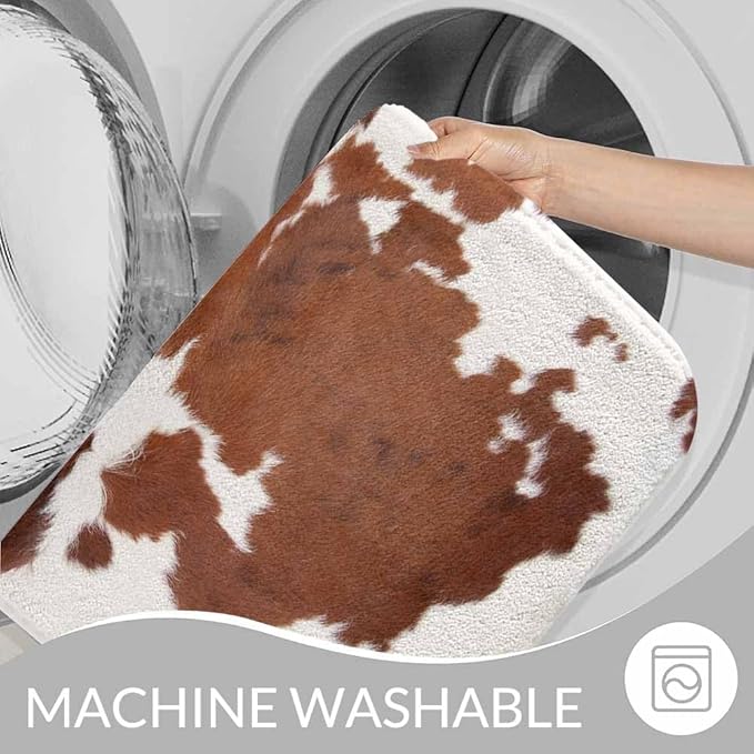 Cowhide Bath Mat for Bathroom Farm Animal Brown Cowhide Print Cow Bath Rugs Door Mat Non Slip Rubber Backed Bathroom Floor Mat for Bathtub Sink Shower 20"X32"