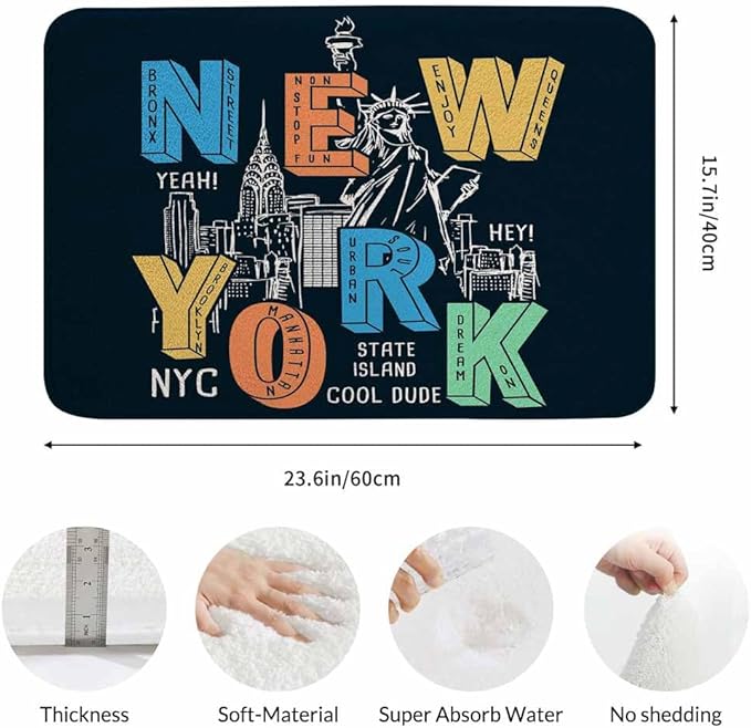 New York City Bath Mats for Bathroom New York Theme on Black Background Floor Bath Rugs Machine Washable Bathmat Carpet Rug Room Decor for Shower Floor 16 X 24 inch Mat