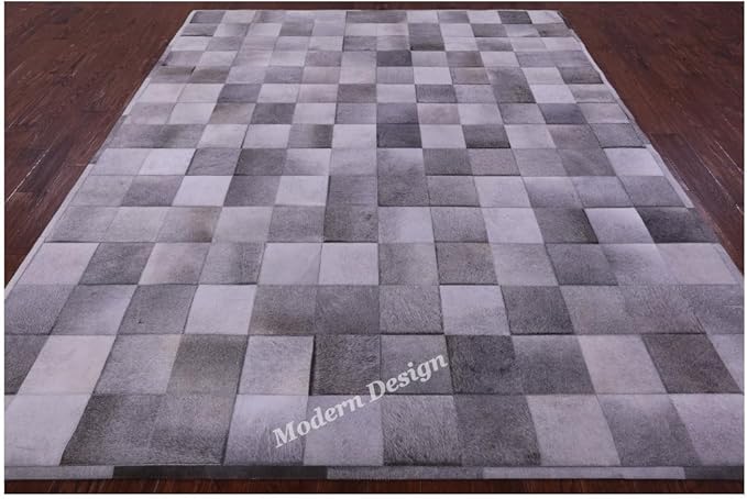 Modern Design Premium Cowhide Leather Carpet with Chevron Pattern, Area Rug (Grey, 3x5)