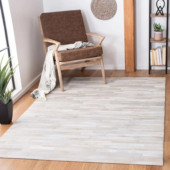 Cowhide Leather Rug for Living Room 5x8 Natural Leather Rug Modern Stripes Style Floor Carpet for Home Decor | Superior Indoor Area Rug, White