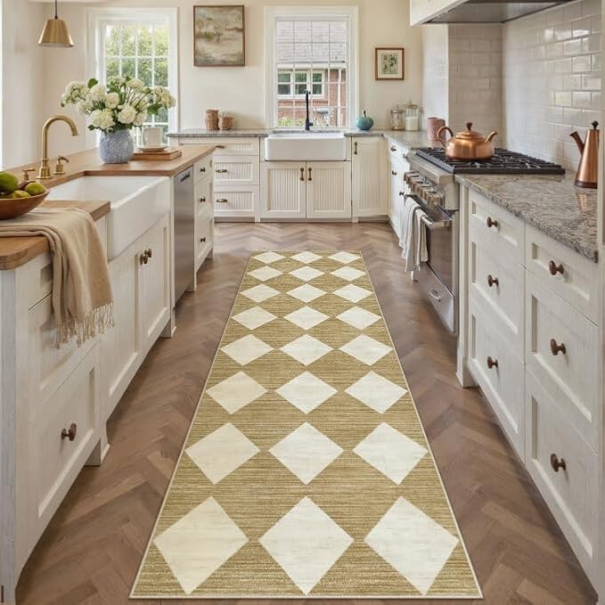 2x8 Runner Checkered Rug for Hallways Brown Washable Long Carpet Non-Slip Low Pile Boho Indoor Accent Throw Rug for Entrance Kitchen Bedroom Dining Laundry