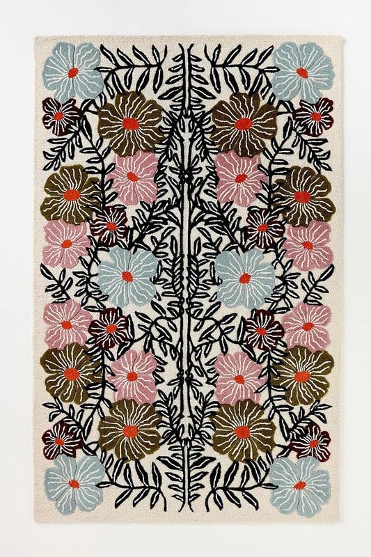Bold Floral Hand-Tufted Wool Rug 9x12 Ft – Vintage-Style Area Carpet with Modern Botanical Pattern for Living Room, Bedroom, Nursery, Cottagecore Décor, Soft Wool Pile, Cotton Backing