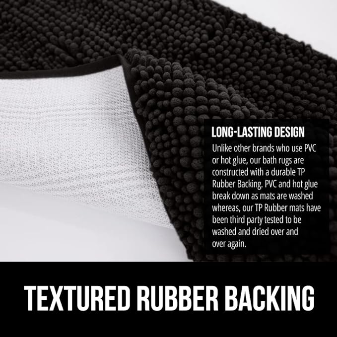 GORILLA GRIP Bath Rug Mat 60x17, Thick Soft Absorbent Chenille, Quick Dry Microfiber Mats, Rubber Backing Washable Shower Floor Rugs, Bathmat Runner, US Designed Bathroom Home Decor Accessories Black