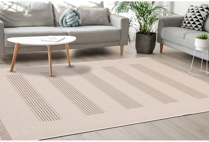 6x9 Rug with Modern Striped Pattern, Stylish Neutral Area Rug in Beige and Cream, Durable Low Pile Decorative Carpet for Living, Dining, or Bedroom