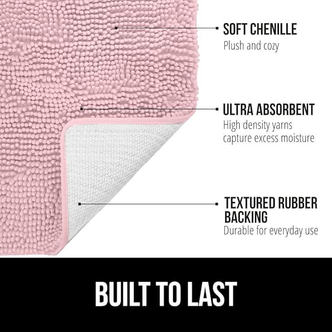GORILLA GRIP Bath Rug Mat 36x24, Soft Absorbent Chenille, Quick Dry Microfiber Mats, Rubber Backing Washable Shower Floor Rugs, Bathmat Runner, US Designed Bathroom Home Decor Accessories Light Pink