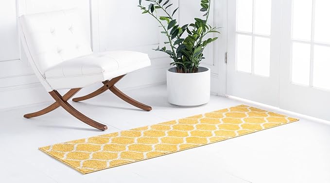 Rugs.com Lattice Frieze Collection Rug – 2' x 13' Runner Yellow Medium Rug Perfect for Living Rooms, Large Dining Rooms, Open Floorplans